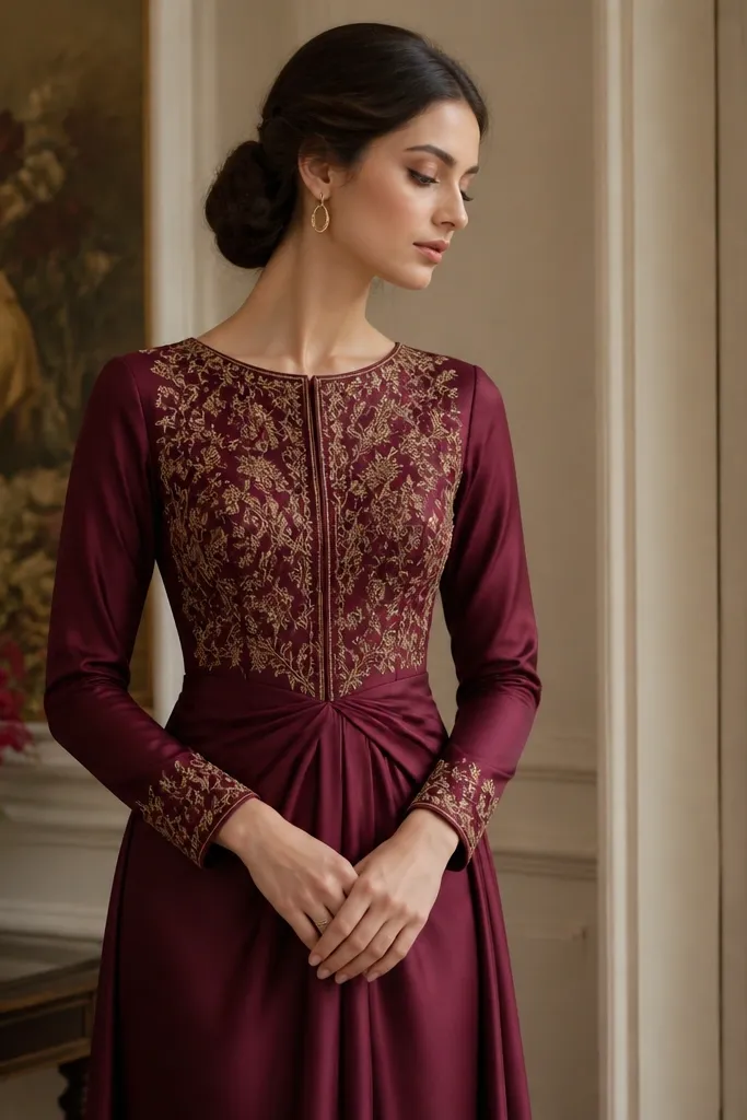 A deep maroon formal dress with subtle gold-toned embroidery along the bodice and cuffs; the embroidery is dense but not sparkly, and the fabric looks like satin crepe.
