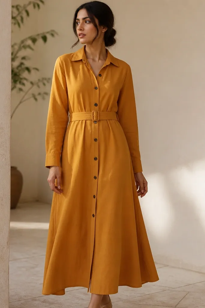 A saffron gold long shirt-dress with a button front, a slim belt, and long sleeves; the fabric looks like heavyweight cotton with a soft matte finish.