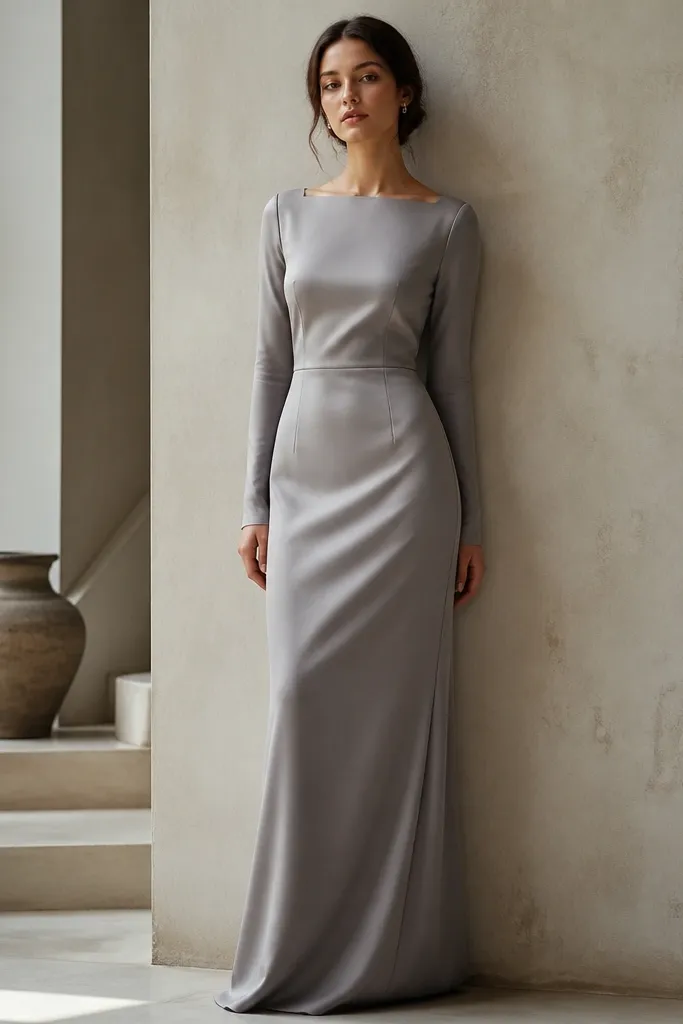 A long-sleeve formal dress in warm pearl grey with a subtle sheen, a straight neckline, and a gently tapered skirt; the fabric appears to be satin-backed crepe.