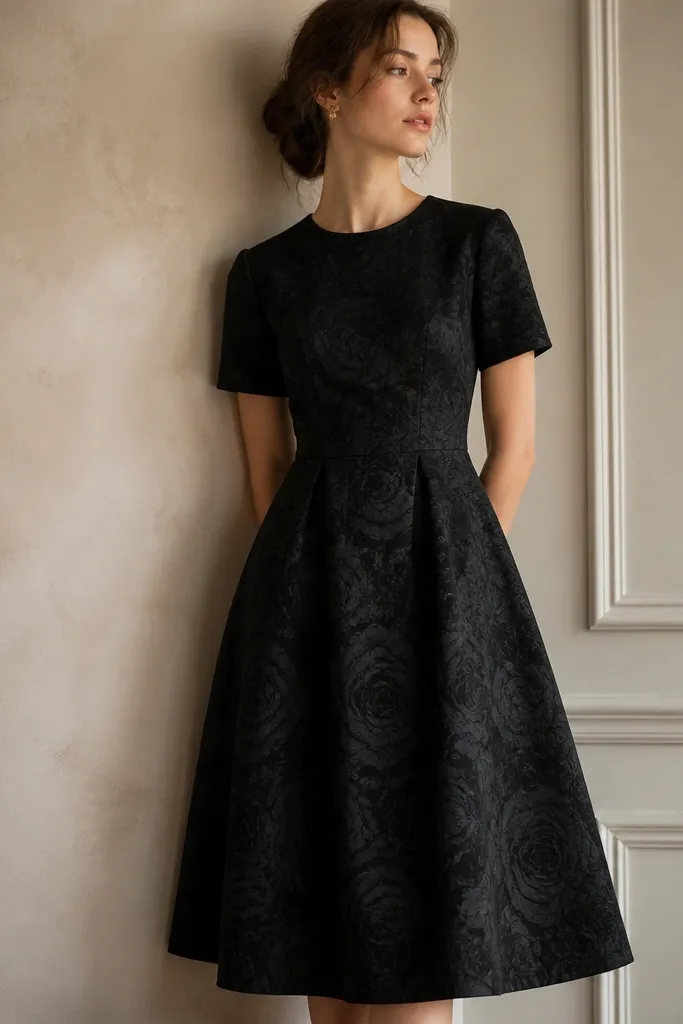 A black rose jacquard midi dress with a subtle rose pattern woven into dark fabric, short sleeves, and a fitted waist seam; the surface has a textured, premium look.