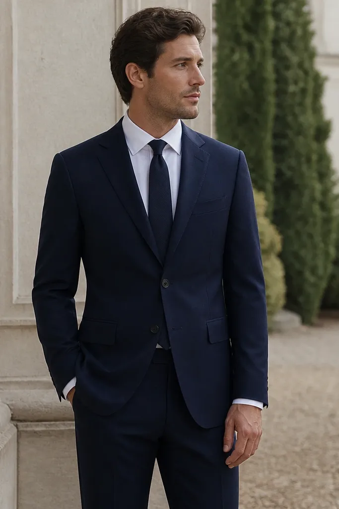 A midnight navy wrap-style dress worn over tailored trousers, with a deep V wrap front and a self-tie belt; the fabric looks dense and matte, and the hem falls to the ankle.