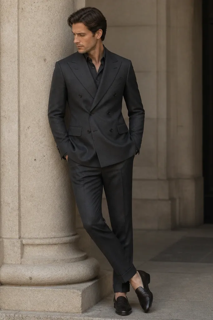 A charcoal coat-dress falling mid-calf with a textured fabric surface (like fine twill), small covered buttons, and a narrow belt; the model wears it with dark leather loafers.