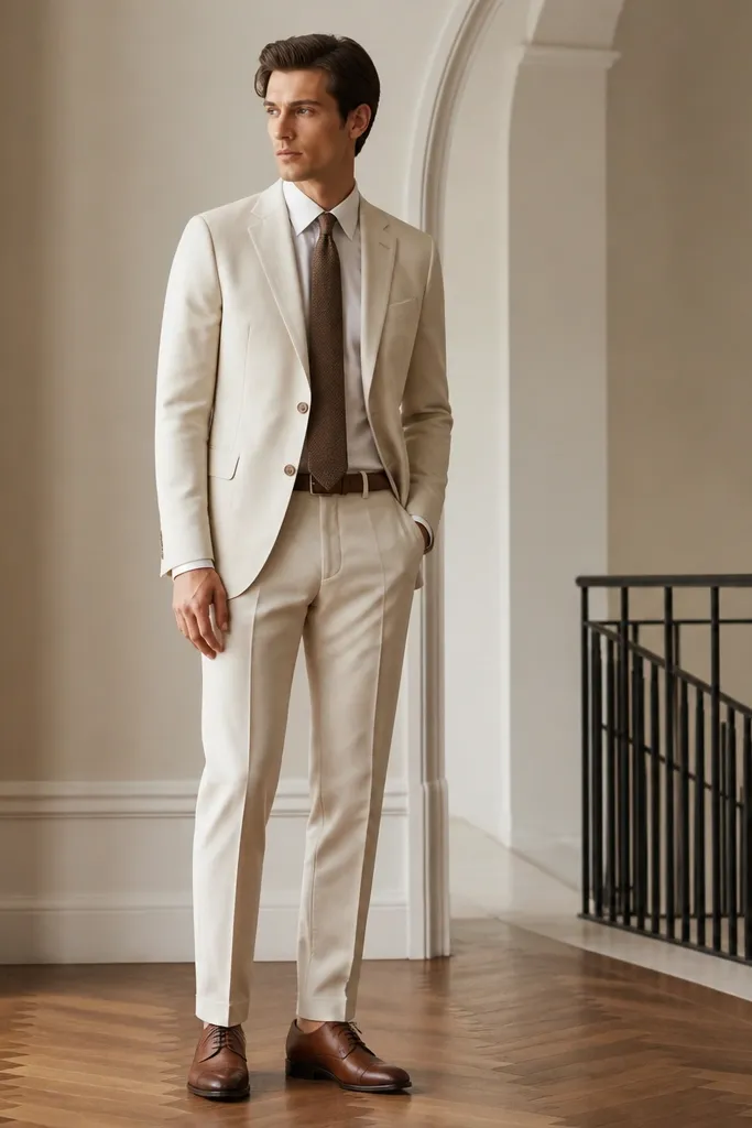 A sandstone-colored poplin dress with long sleeves and a neat front placket with hidden buttons; the fabric is crisp and the hem reaches the ankle.
