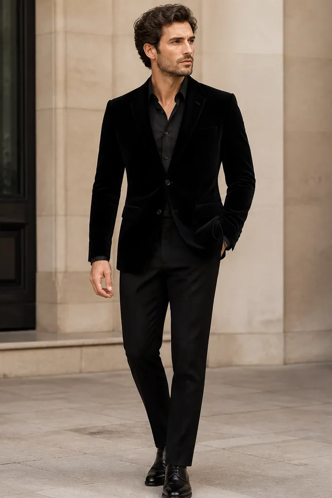 A black tailored dress with a crisp pleated front panel, clean seams, and discreet hip pockets; the hem hits the ankle and the fabric looks like mid-weight suiting.