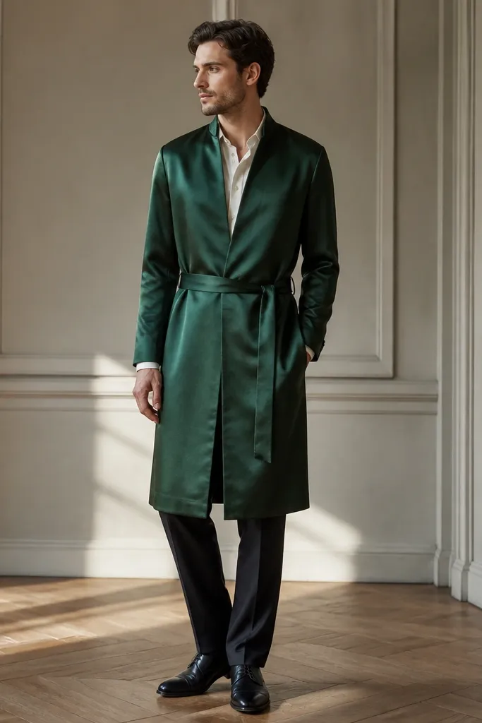A model in a deep emerald green long tunic with a subtle satin sheen, worn over an ivory button-up shirt. The tunic has a neat collar opening and matching fabric belt. Dark trousers and polished black dress shoes complete the look.