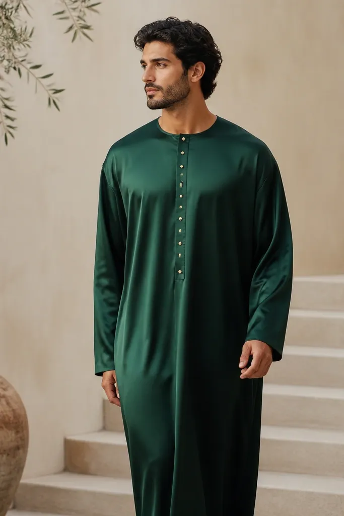 A deep emerald kaftan dress for men with a relaxed shoulder, long sleeves, and a subtle satin sheen; gold-toned buttons line the front placket; the fabric catches light softly without looking mirror-like.