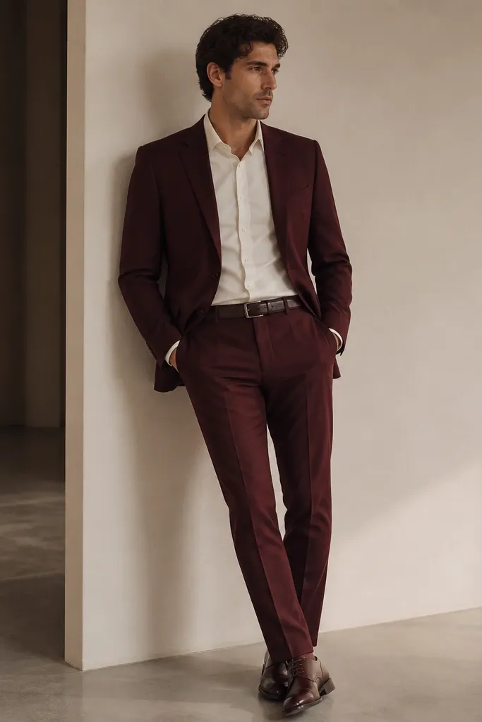 A burgundy tailored wool suit with a single-breasted jacket and flat-front trousers. Underneath is an off-white dress shirt with a clean collar. The model wears dark burgundy leather shoes and a matching belt.