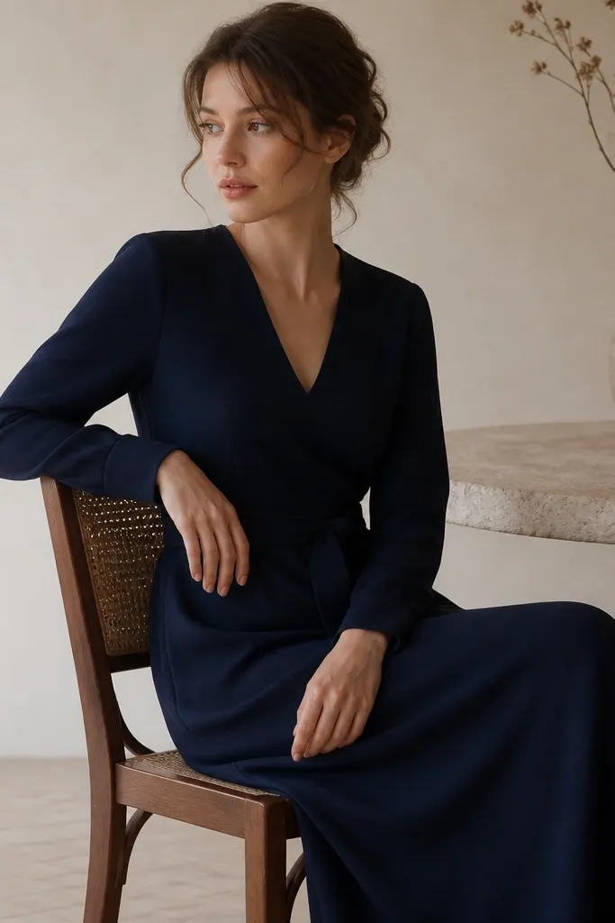 A long navy wool crepe dress with a simple V-neck, long sleeves, and a tonal belt made from the same fabric; the surface is matte with slight depth; the waist is gently shaped.