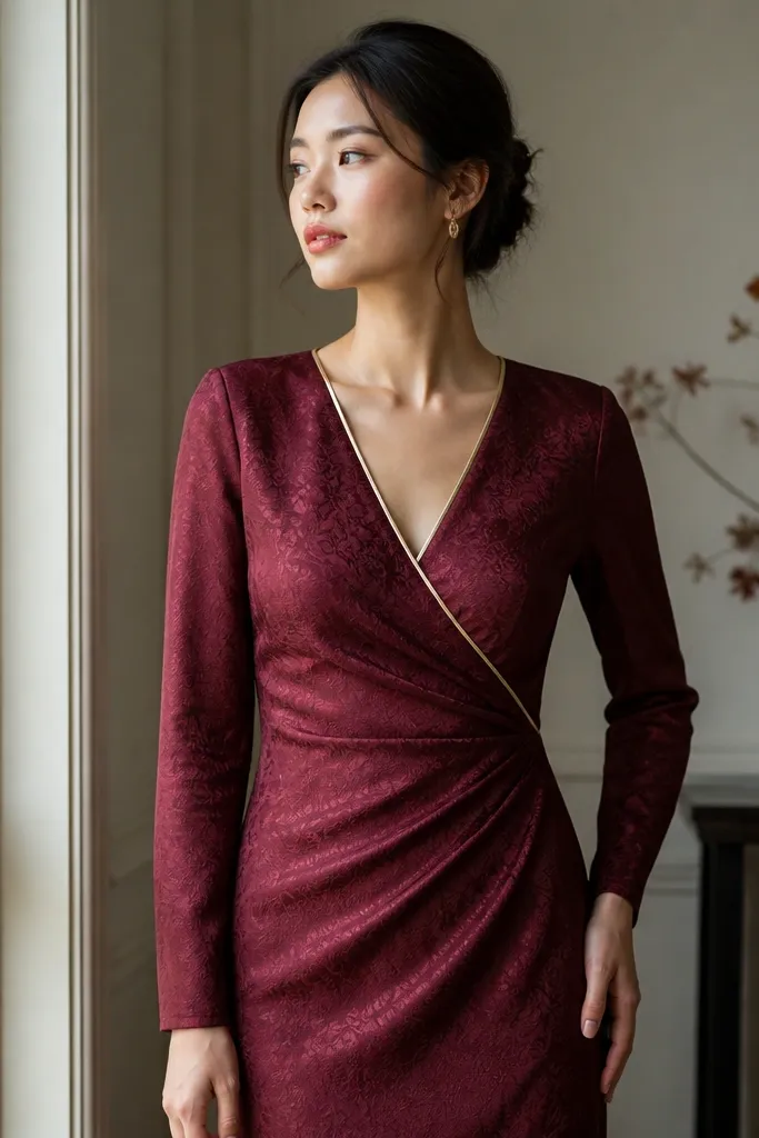 A burgundy wrap-style formal dress with long sleeves; the fabric has a subtle jacquard pattern; a thin champagne-gold trim edges the neckline and wrap seam.