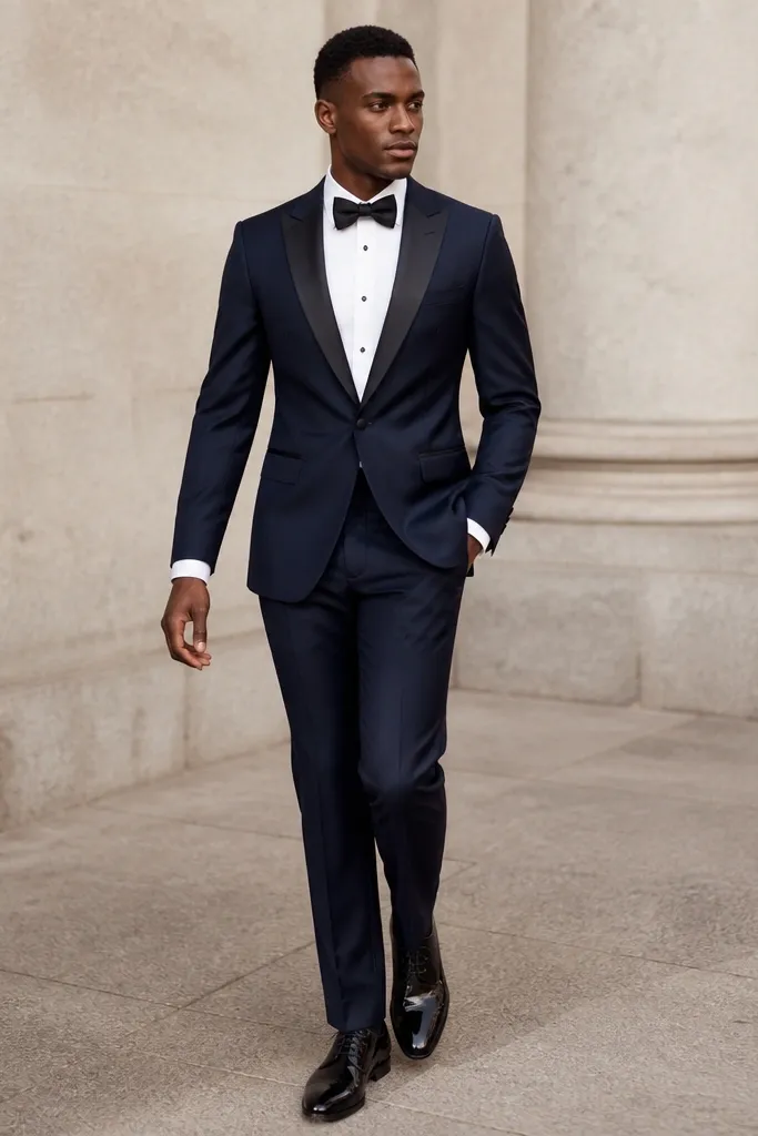A black formal dress with a subtle jacquard pattern that only shows in certain angles; long sleeves and a hidden front placket; the fabric is textured but not shiny.