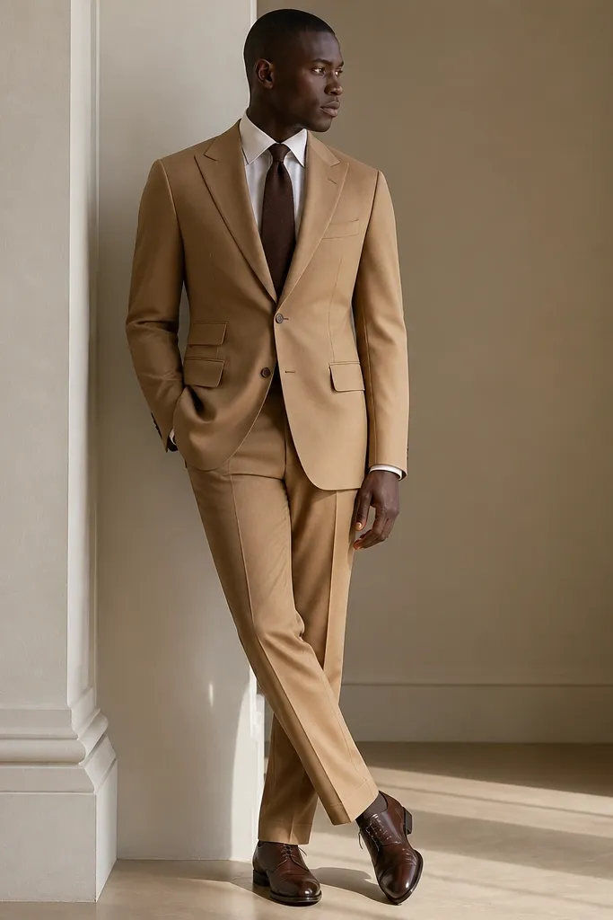 A charcoal gray long wool dress with a neat collar and long sleeves; the fabric is matte; a burgundy pocket square peeks from the chest area.