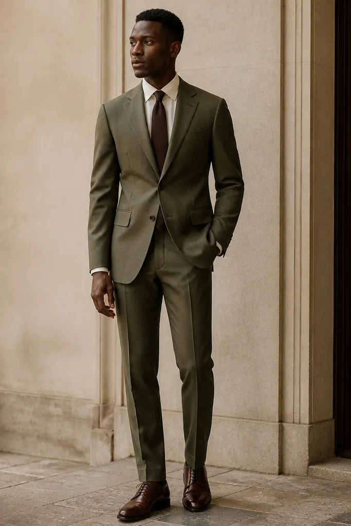 A chocolate brown dress with a satin finish; the lapel or neckline edge is black; the front is clean with minimal seams.