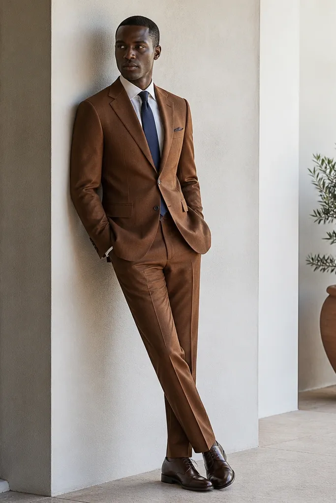A rust-colored formal dress in a matte woven fabric; it has a wrap-style waist with a tonal belt in the same shade; the neckline is simple.