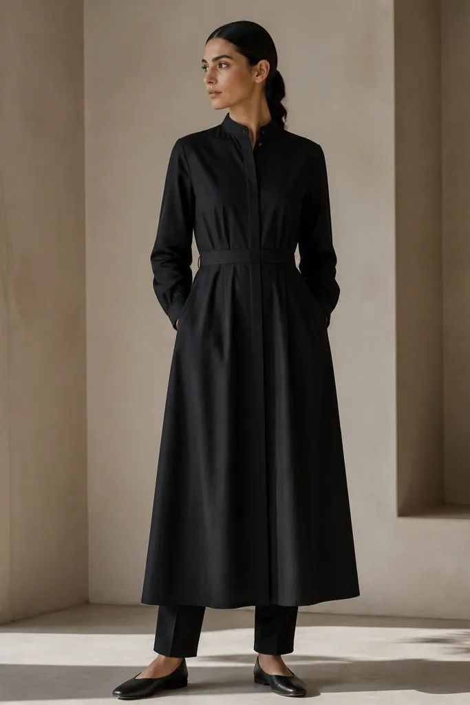 A long midnight-black shirt-dress with a crisp stand collar, visible front placket, and fitted waist seam. The hem hits just above the ankle. Under it, black tapered trousers are visible at the cuffs. The belt is integrated and the fabric looks matte under light.
