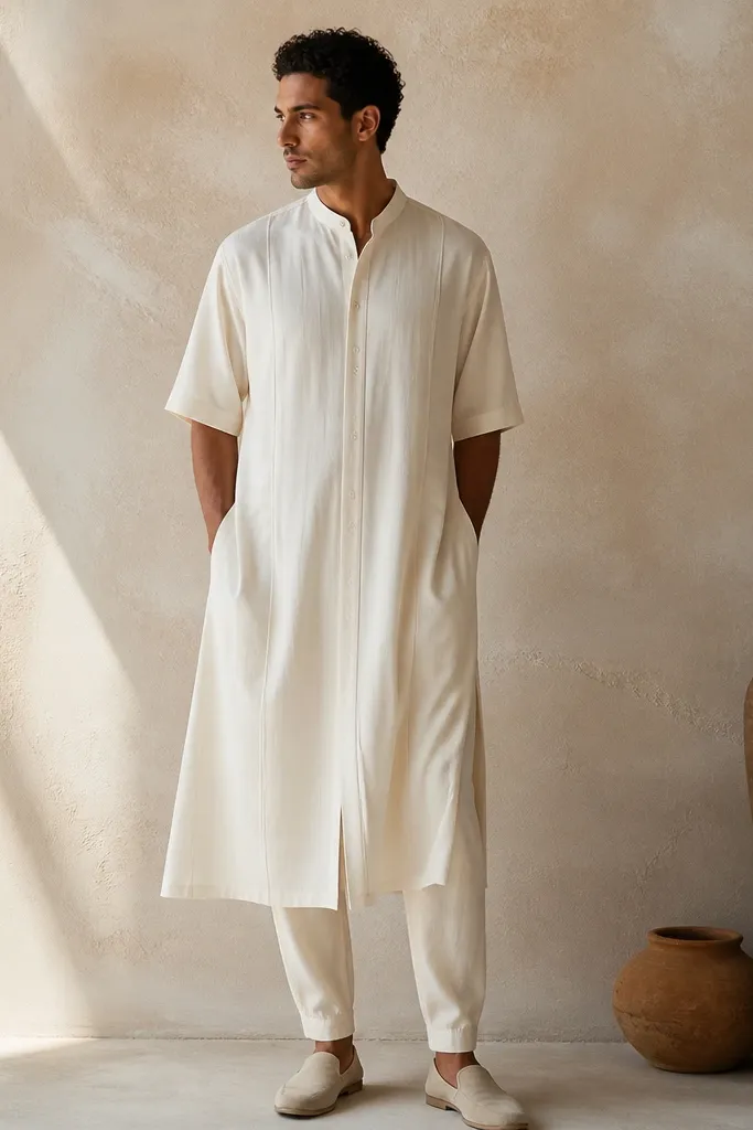 A cream ivory caftan with short sleeves, a relaxed drape, and subtle vertical paneling. It's paired with cream trousers that taper at the ankle. The caftan has a small collar and a clean button placket down the center, with a soft sheen that stays mostly matte.
