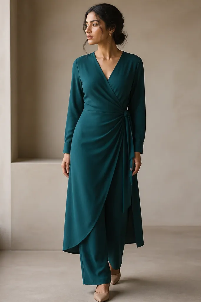 A deep teal wrap-style dress with a diagonal drape across the torso. The fabric has a smooth, matte finish. A simple cuffed sleeve and a modest v-neck create a clean line, with the wrap tie visible at the waist. Matching teal trousers peek from under the hem.