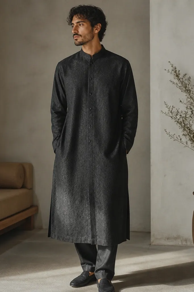 A charcoal long tunic with a subtle jacquard pattern visible only in certain angles. It has a structured band collar and a row of tonal buttons down the front. The hem falls near the ankle, and the tunic is worn over charcoal trousers. The outfit looks textured but not loud.