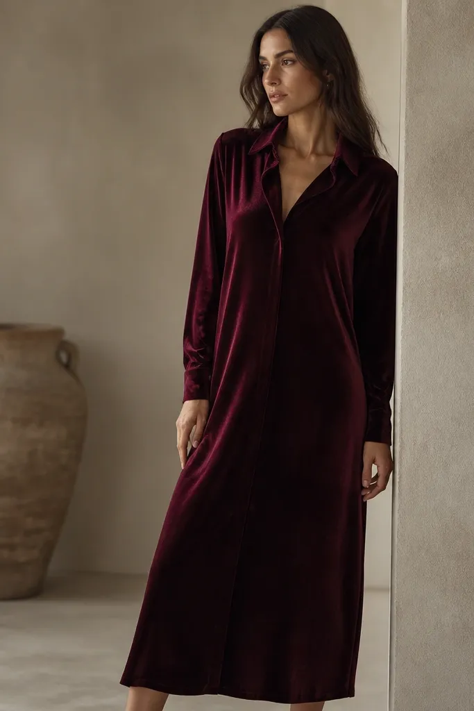 A burgundy long shirt dress with a velvet-blend finish. The collar is slightly open with a structured edge, and the cuffs are buttoned. The fabric shows depth - it looks darker in shadow and lighter where light hits. The hem is just above the ankle.