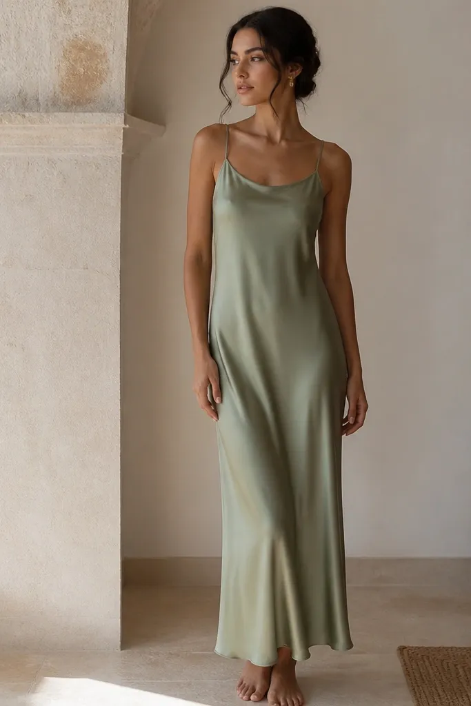 A sage green satin-crepe slip dress with thin straps and a modest neckline. The silhouette is straight and falls to just above the ankle. The fabric has a soft sheen, not mirror-like, and it drapes in clean vertical folds.