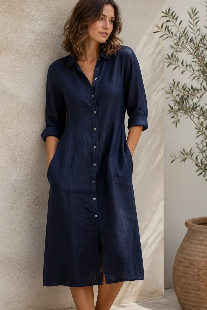 A navy linen-blend long dress with a light, breathable weave. The sleeves are cuffed and lightly rolled to reveal forearms. It has a simple collar and a button front. The hem lands around mid-calf, and the fabric shows natural creasing.