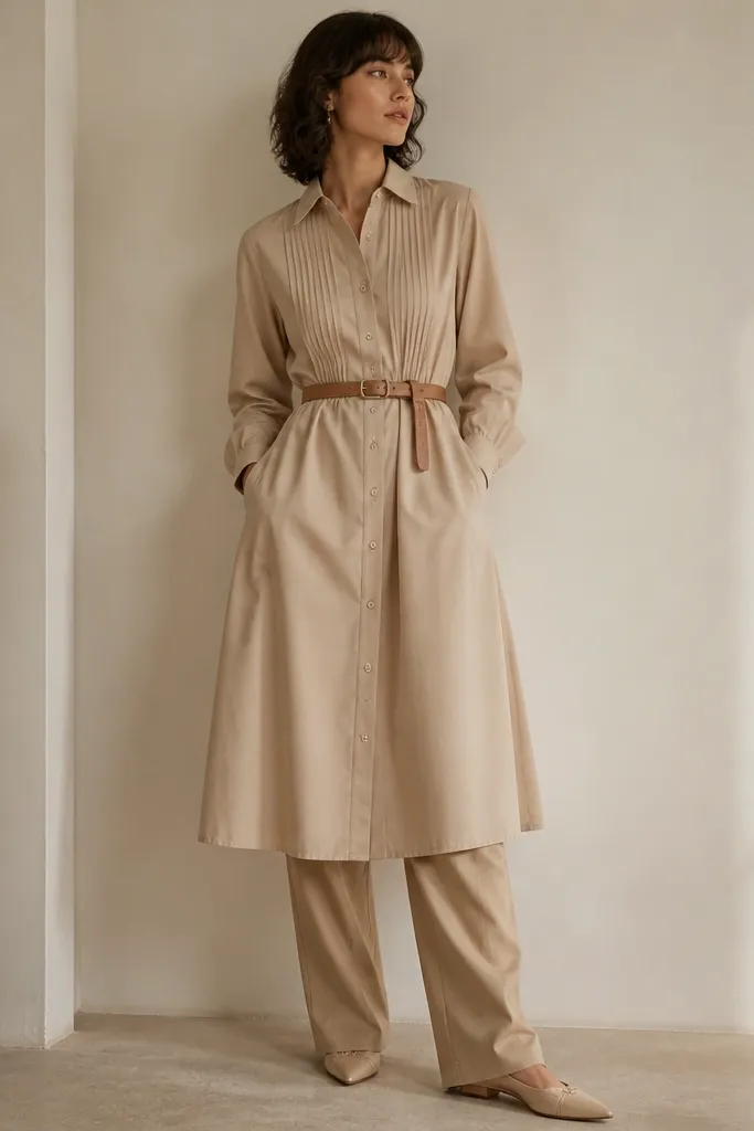A sand beige dress with a button front, a structured collar, and subtle pleats at the chest and upper torso. The fabric looks like cotton-poplin with a matte finish. The hem is mid-calf. The outfit is paired with beige trousers and a tan belt.