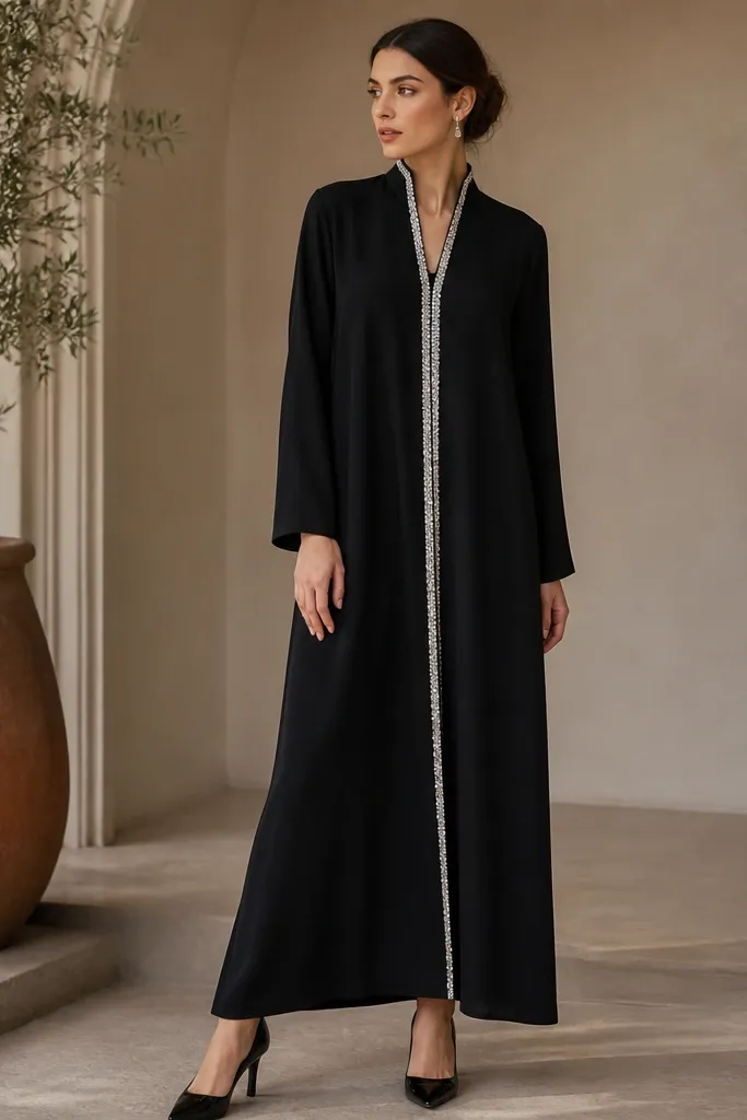 A black longline tunic with a matte body and silver sequin trim along the collar and front edges. The hem is just above the ankle. The sleeves are slightly loose but not wide. The trim catches light in small flashes.