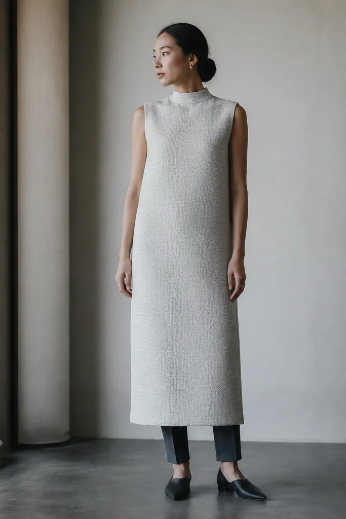 A white-gray textured column-style dress with a high neckline and a straight silhouette. The fabric has a fine woven pattern that shows depth only at an angle. The hem is slightly above the ankle. The look is paired with slim charcoal trousers at the ankles.