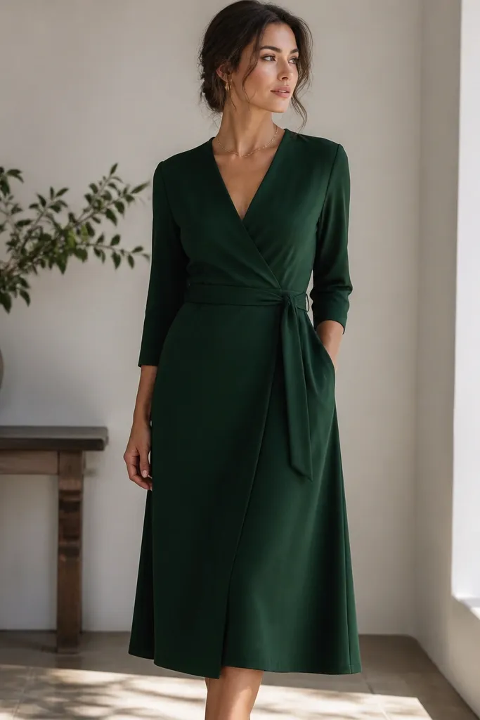 A forest green wrap dress with a belted waist. The fabric is smooth and thick, with a soft drape. The neckline is modest and slightly V. The hem hits mid-calf and the sleeves are three-quarter length.