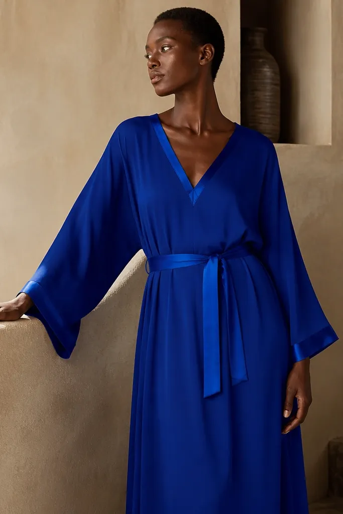 A long cobalt-blue kaftan dress on a dark-skinned model, V-neck with thin satin piping, relaxed sleeves, and a matching satin belt. The fabric shows a clear glossy edge on the neckline and cuffs.