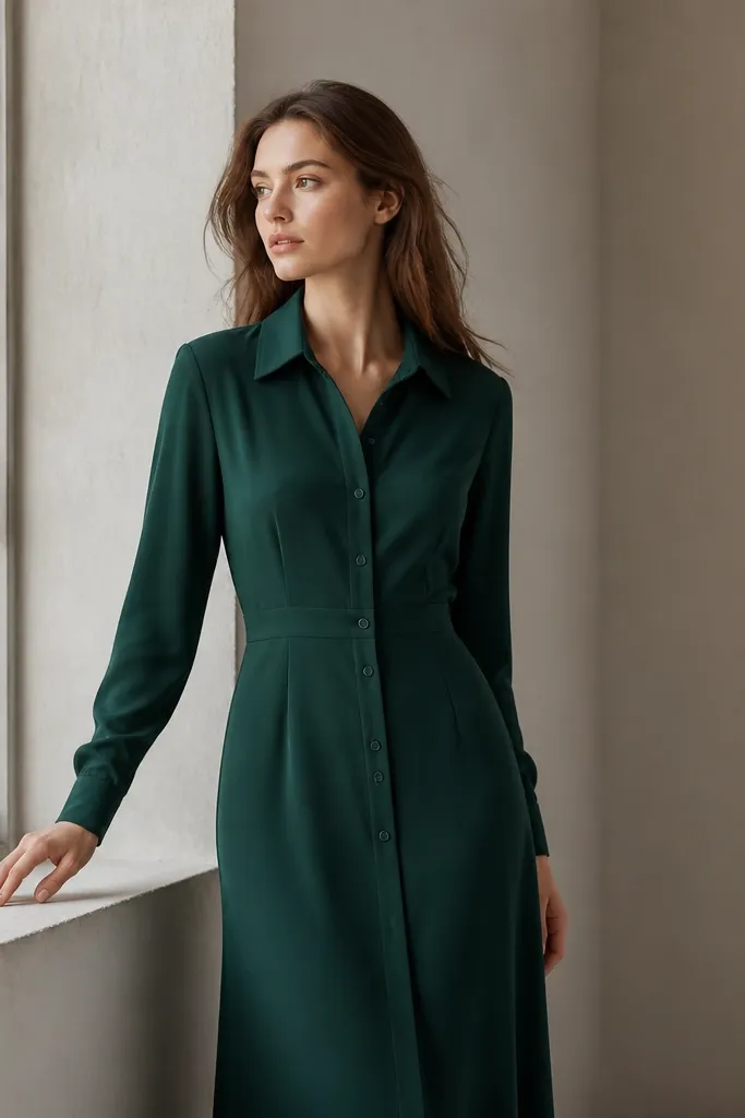 An emerald-green crepe shirt-dress with a structured collar, button placket, and a tapered waist seam. The sleeves are long and slightly fitted at the forearm.