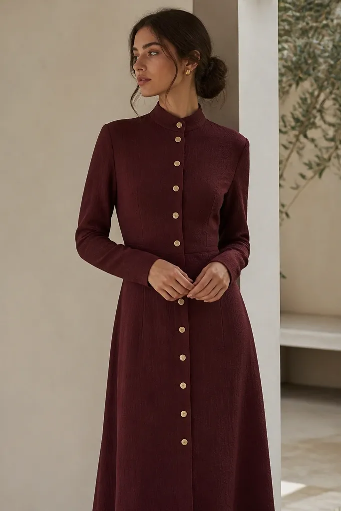 A wine-burgundy long tunic dress with a high collar and long sleeves. Gold buttons run down the front, and the fabric has a subtle textured weave.
