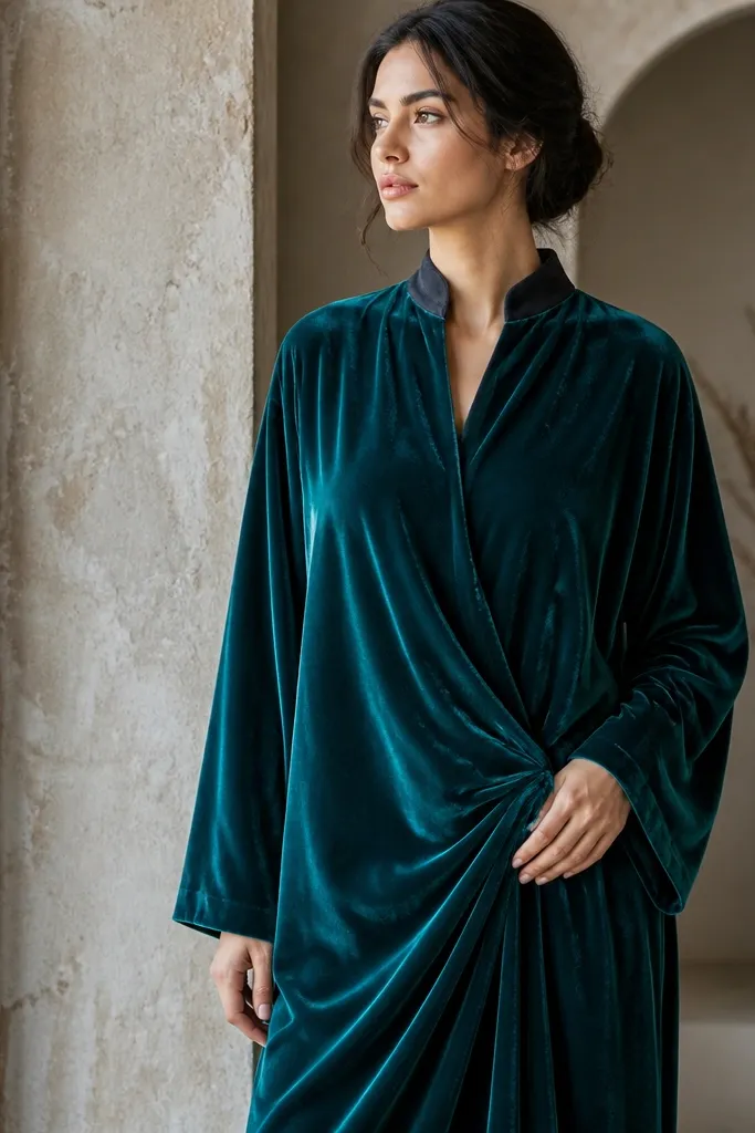 A deep teal velvet caftan with a slightly raised collar in a darker tone, long sleeves, and a draped front. The velvet shows soft pile texture in the light.
