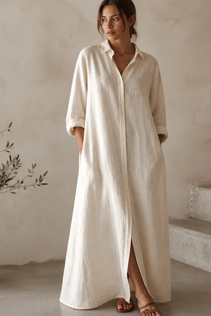 An ivory linen long dress with a relaxed fit, a buttoned front, and rolled cuffs showing the inner seam. The linen has visible texture and a natural off-white tone.