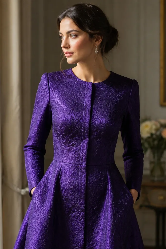 A royal purple jacquard dress with a subtle raised pattern, a neat neckline, and hidden button line. The fabric catches light with a patterned shimmer.