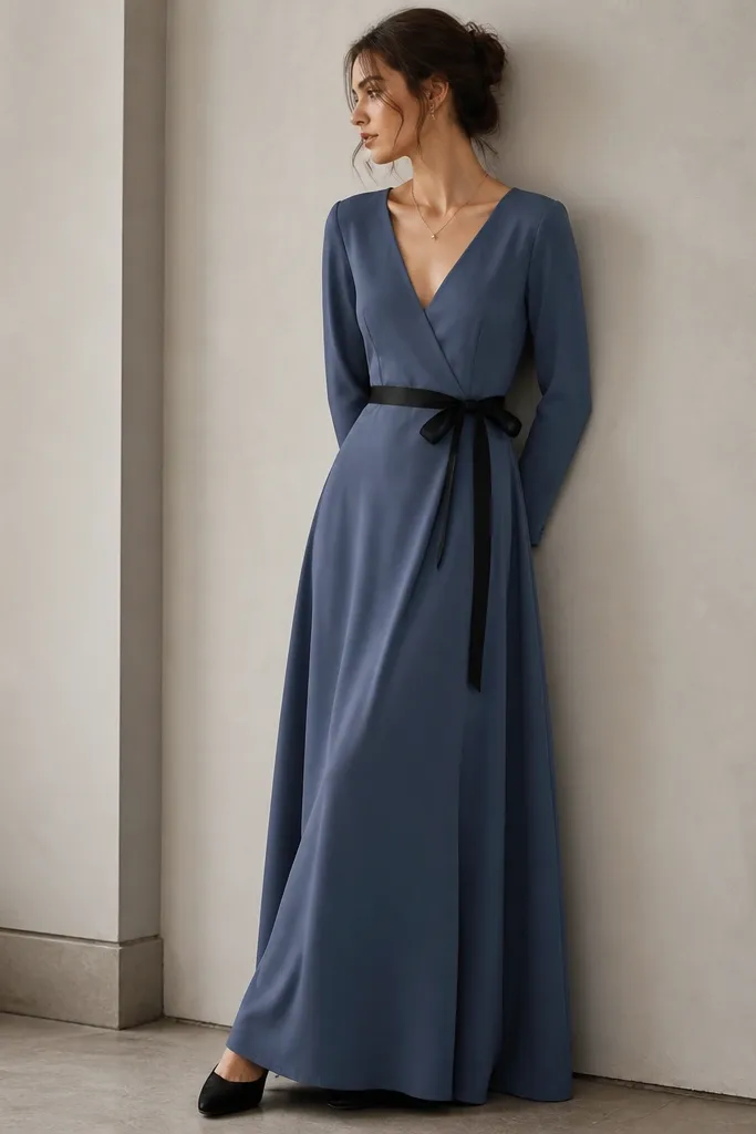 A slate-blue long dress with a V-neck and a black waist tie ribbon. The fabric is matte with a smooth, tailored look.