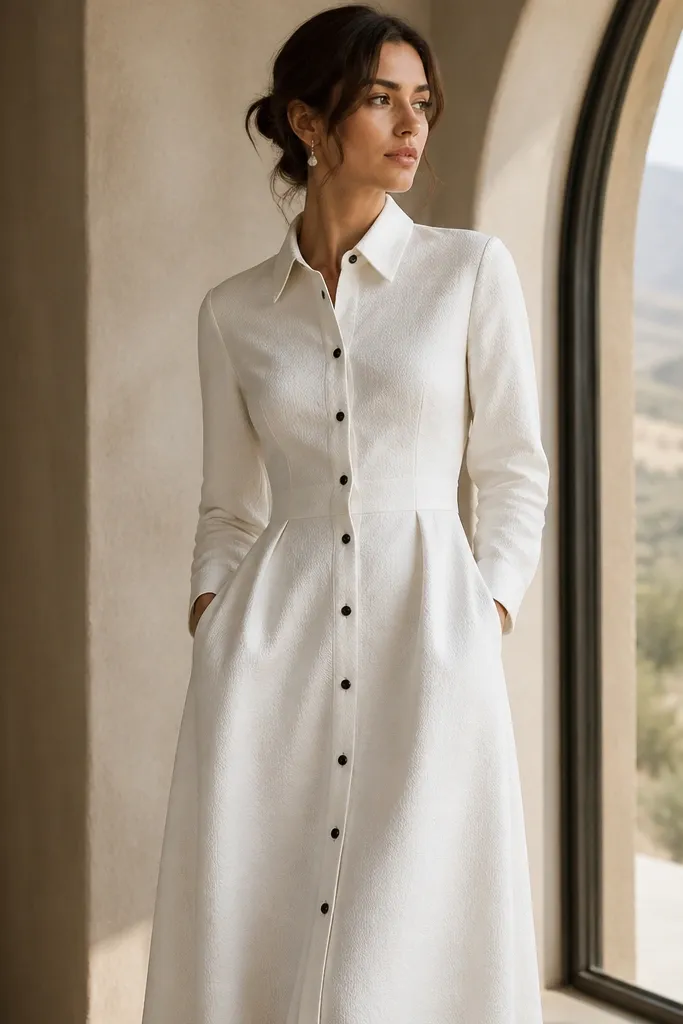 A pearl-white long shirt dress with a crisp collar, black button placket, and structured seams at the waist. The fabric has a subtle texture.