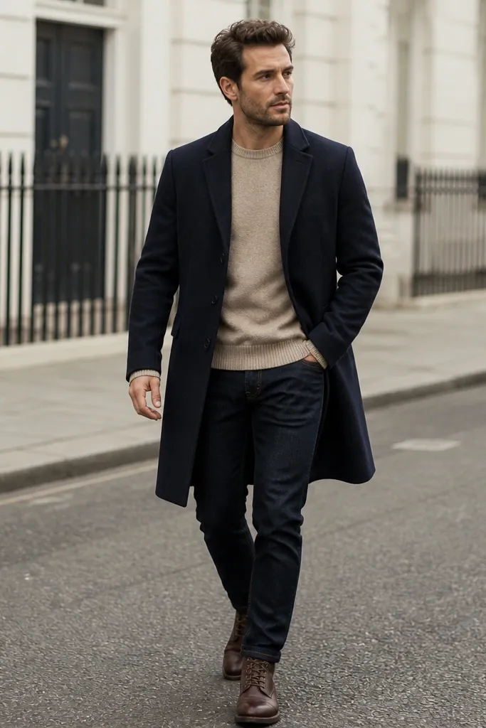 A man wearing a long navy wool overcoat over a cream-camel crewneck knit, paired with dark indigo slim jeans and brown leather lace-up boots. The outfit looks photographed in a street setting with soft daylight.