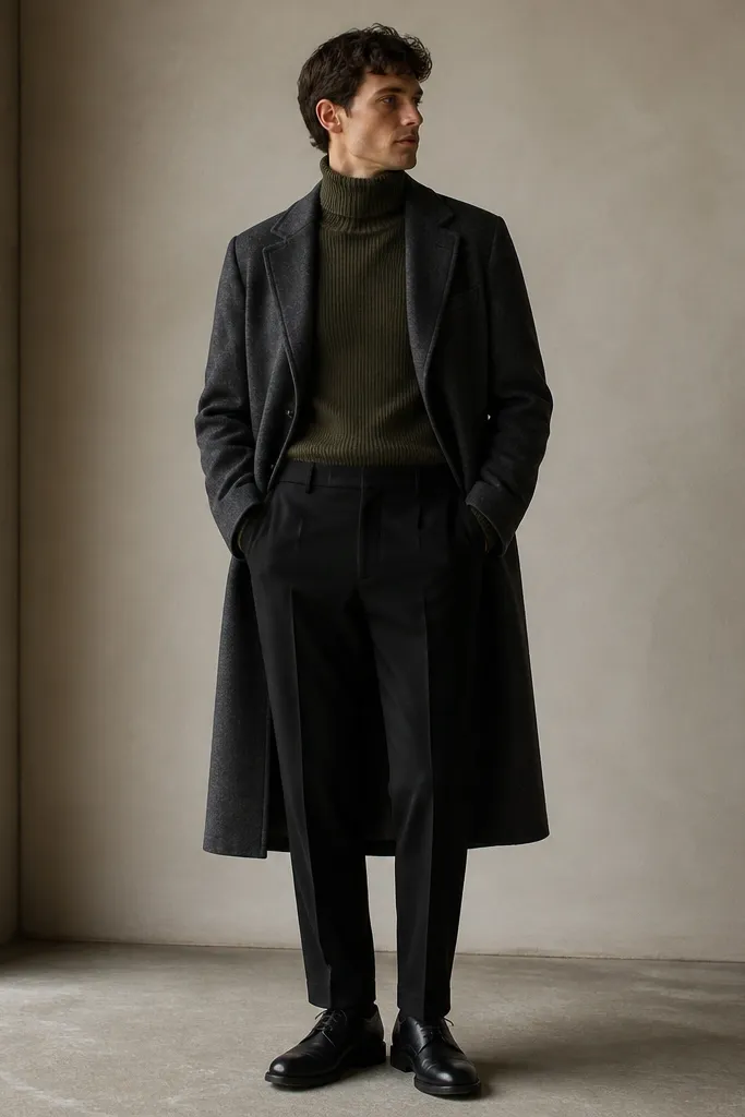 A charcoal long topcoat over an olive ribbed turtleneck, with black tailored trousers and black leather derby shoes. The image shows a clean, minimal silhouette.