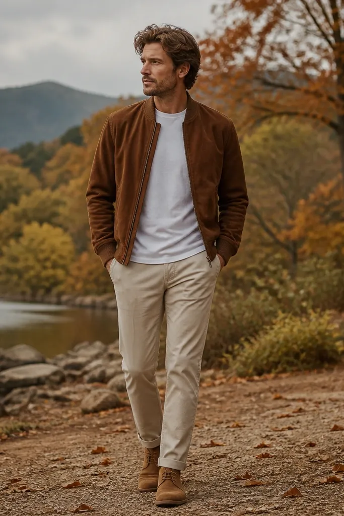 A tobacco suede bomber jacket worn over a white crew tee, paired with stone or sand chinos and tan suede desert boots. The scene is outdoors with autumn colors.