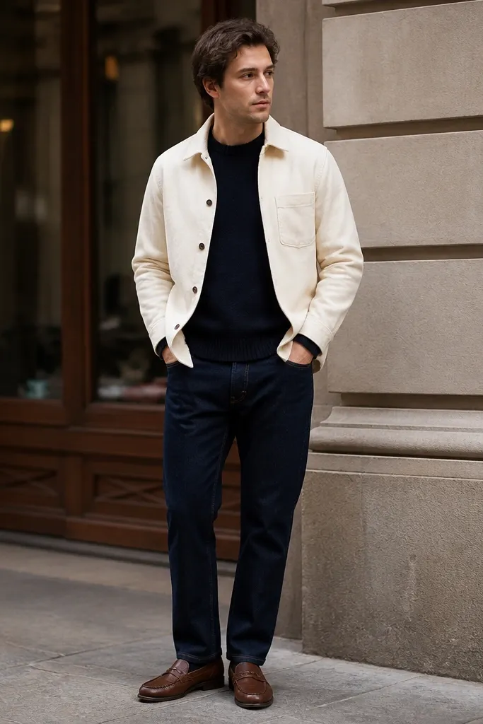 A cream cotton overshirt layered over a navy crewneck sweater, with dark navy jeans and brown leather loafers. The photo shows a neat casual street look.