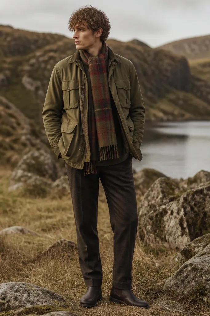 An olive field jacket with a slightly worn texture, a patterned plaid scarf in muted reds and greens, and dark tailored trousers. The shoes are dark boots.