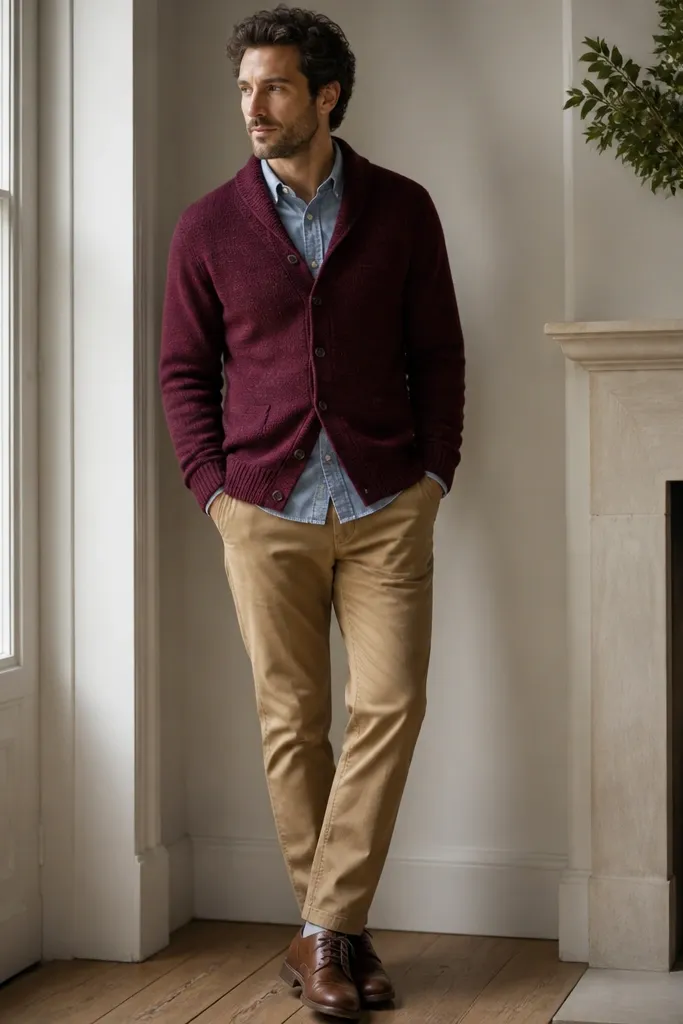 A burgundy wool cardigan worn over a light blue chambray button-down, paired with tan chinos and brown leather shoes. The lighting shows the knit texture.