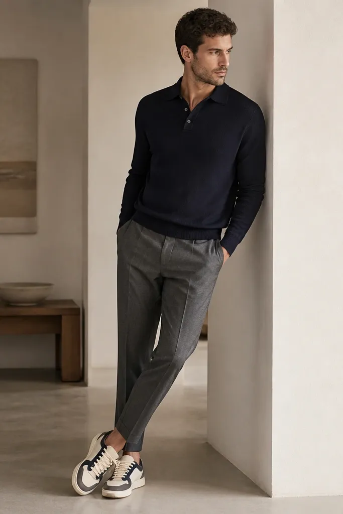 A navy knit polo shirt with a structured collar, gray wool trousers, and low suede sneakers in off-white and navy tones. The outfit looks clean and modern.