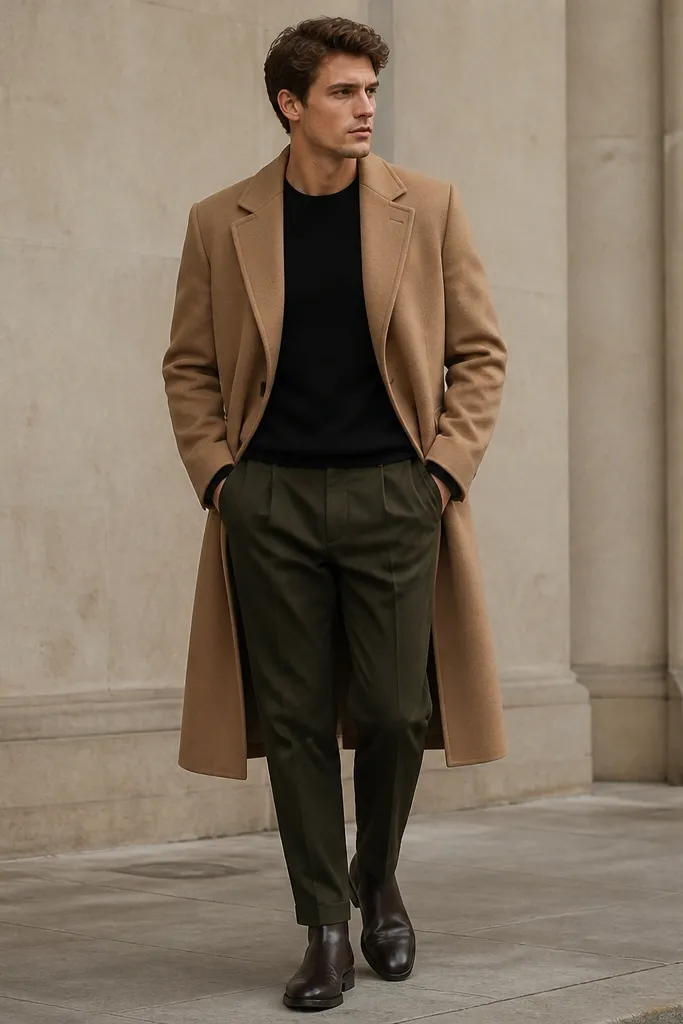 A camel overcoat over a black crewneck sweater, paired with olive trousers and dark leather boots. The camel fabric looks heavy and structured.