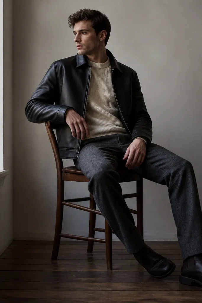 A black leather jacket layered over a cream sweater, with gray flannel trousers and dark boots. The image shows a strong contrast between matte textures.