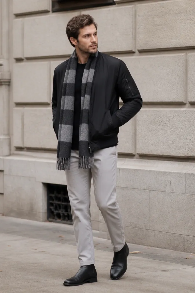 A black bomber jacket with a wool scarf in gray and charcoal stripes, worn over a dark shirt, with light gray chinos and black low boots.