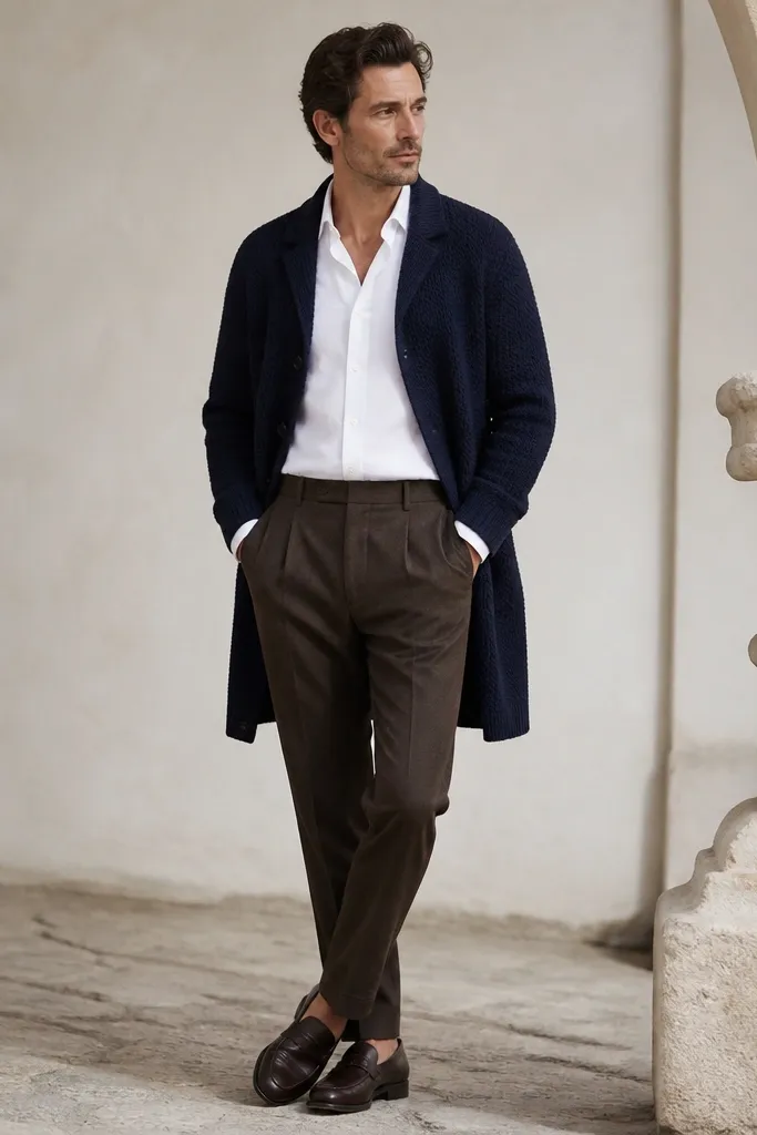 A navy knit cardigan coat worn open over a crisp white button-down, with brown trousers and dark leather loafers. The knit texture is visible.