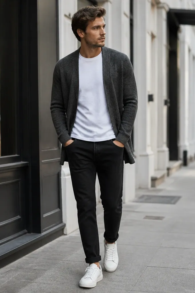 A charcoal gray cardigan worn open over a crisp white crew-neck t-shirt. The model has black straight-leg jeans with a single cuff at the ankle and white low-top sneakers. The background is a city sidewalk with storefronts, and the cardigan hem sits around mid-hip.