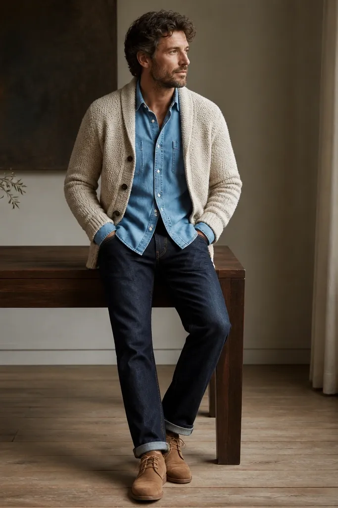 An oatmeal knit cardigan worn open over a light blue denim button-down. The sleeves of the denim shirt peek out slightly at the wrists. The outfit is finished with dark wash jeans and tan suede chukka boots.