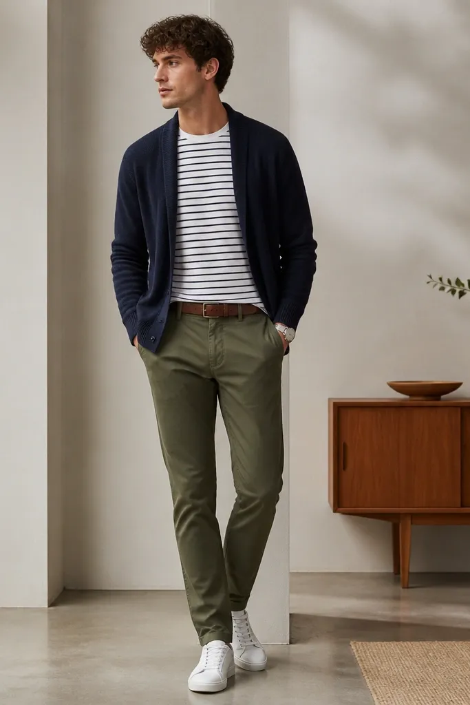 A navy cardigan open over a white tee with thin navy stripes. Olive green chinos are worn with a clean belt. The model has white leather sneakers and a simple watch.